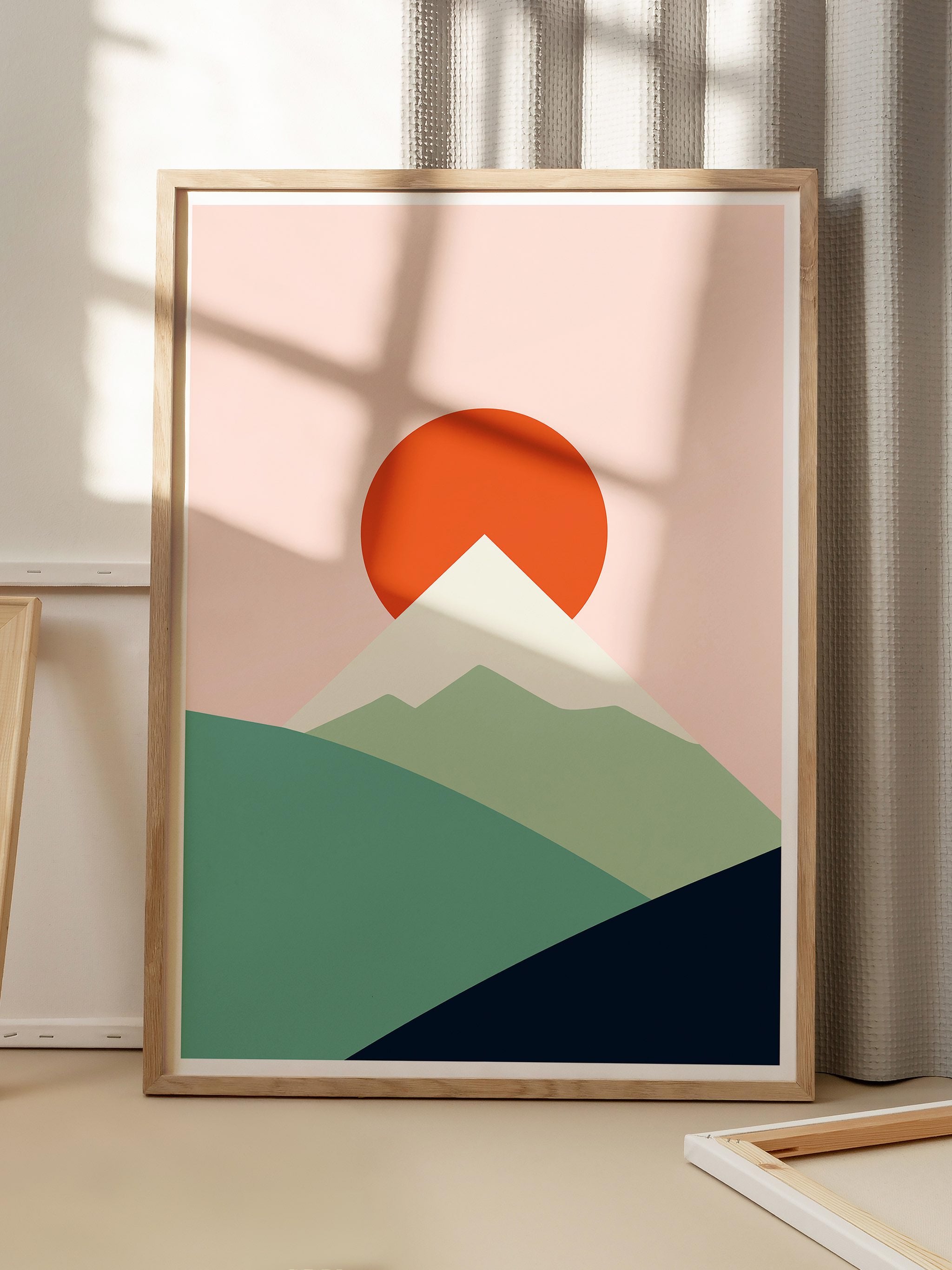 Contemporary wall art with mountain and sun design