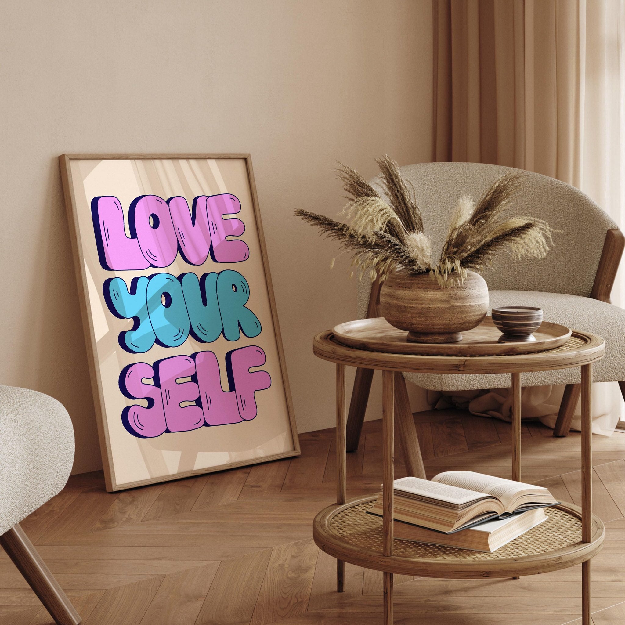 Love Yourself heart art print for bedroom decor
