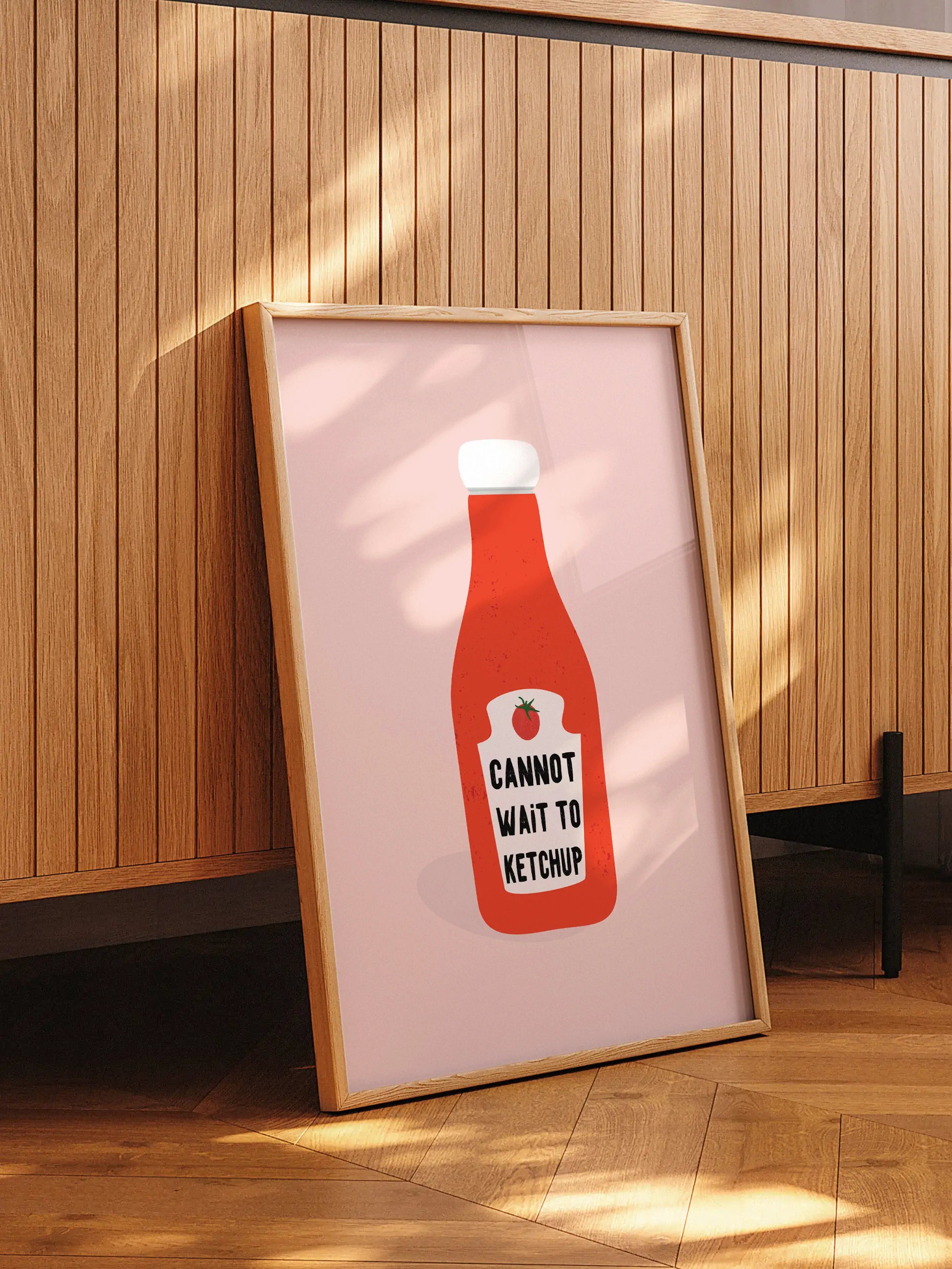 Minimalist kitchen wall art featuring a ketchup-themed pun