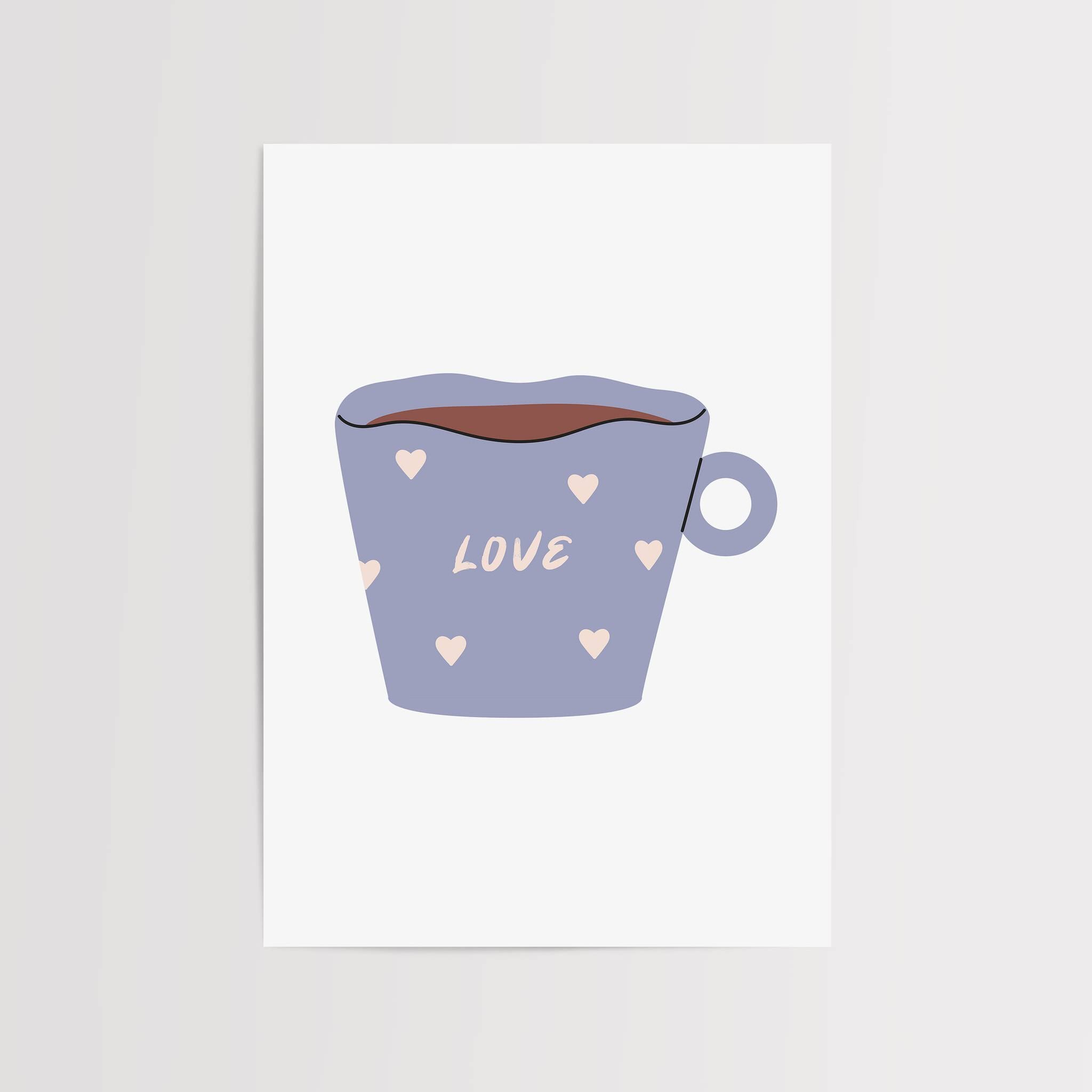 Love coffee cup wall art poster with a purple mug and heart design.