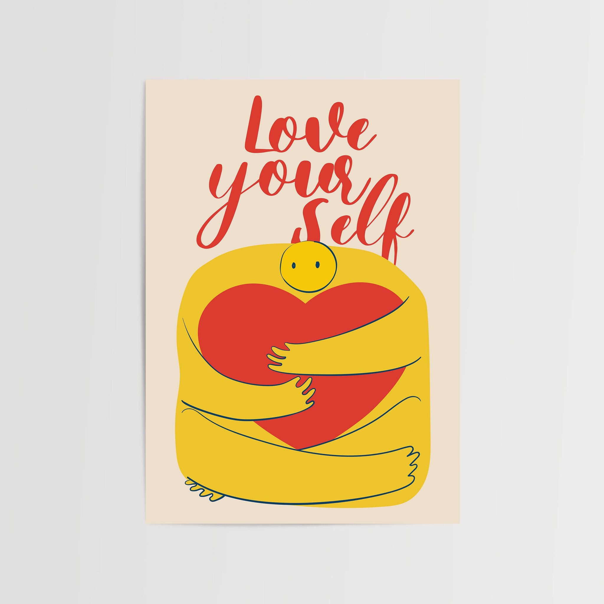Love Yourself wall art poster with a yellow character hugging a red heart.