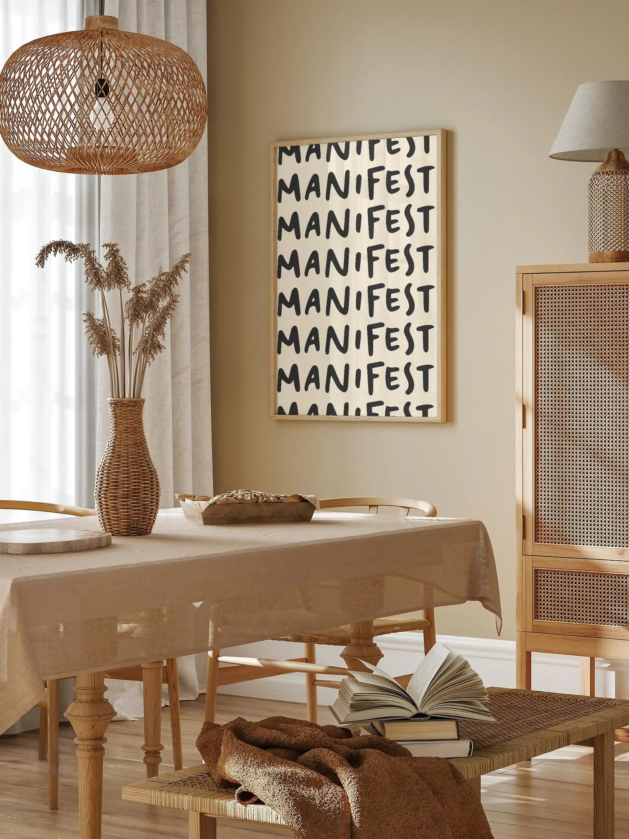 Modern and minimalist word art featuring the word "Manifest" in a repeated pattern.