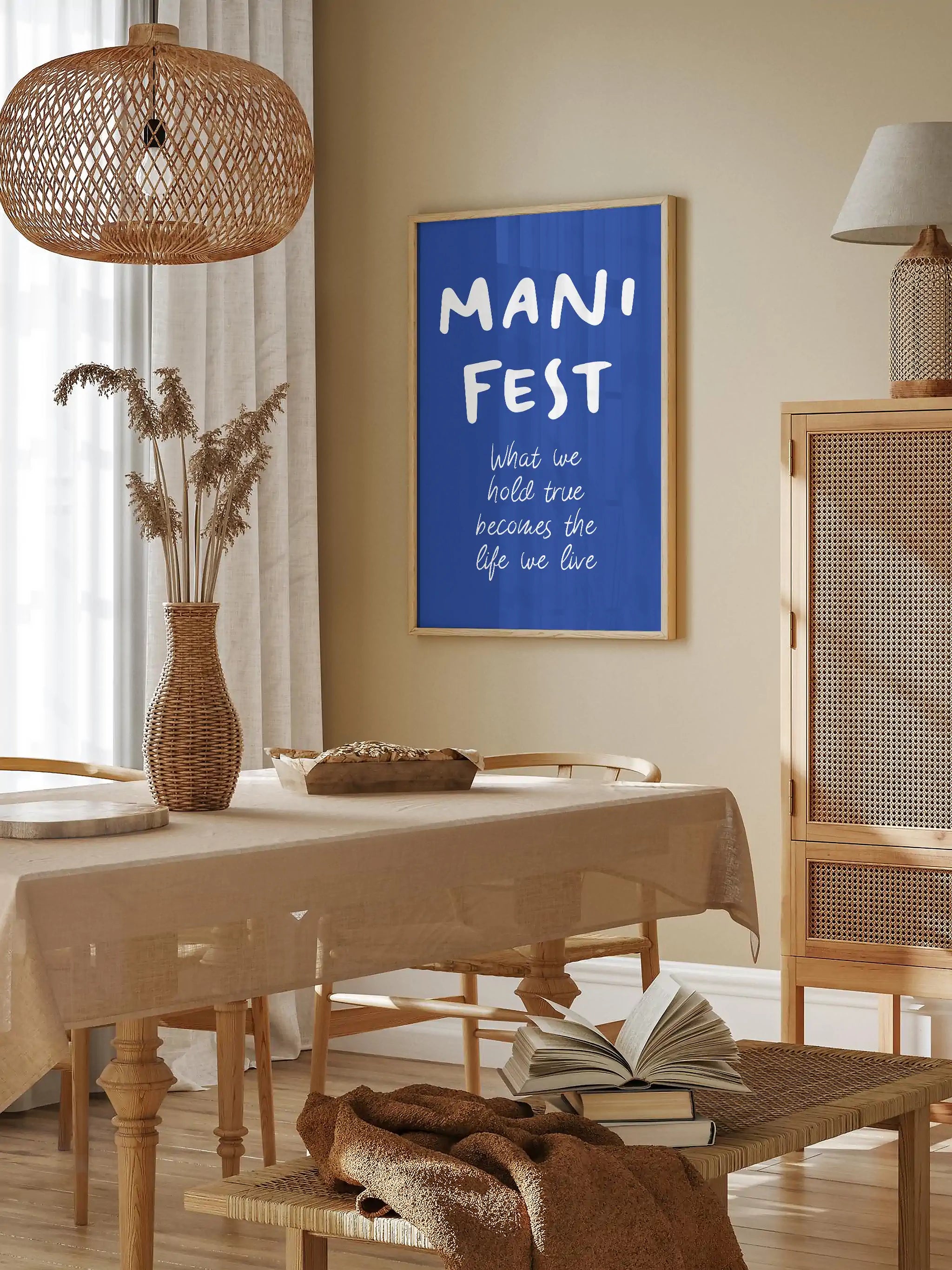 Blue Manifest typography poster with an inspirational quote in white text.