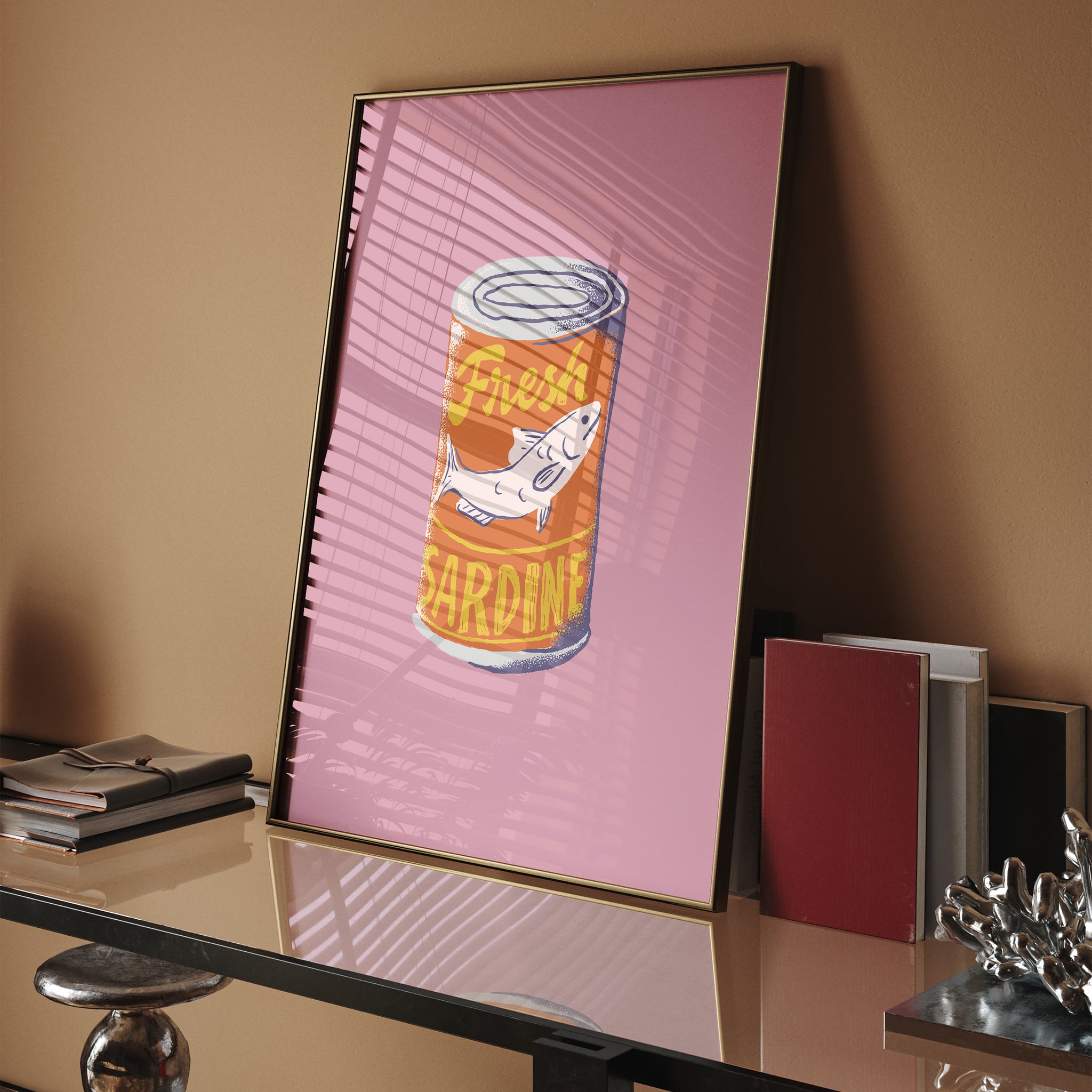 Quirky kitchen wall art of sardine can illustration on pink background