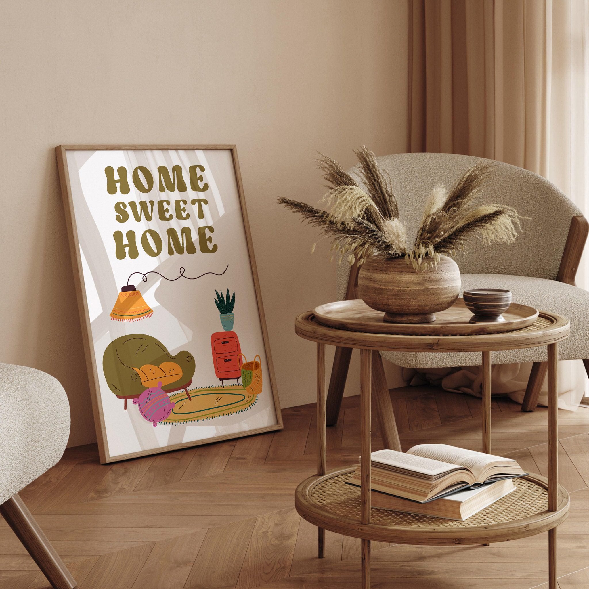 Retro-inspired Home Sweet Home poster with warm colors for entryway decor.